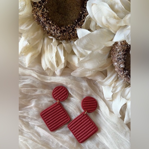 Accessories - Handmade Polymer Clay Statement Earrings - Red Geometric Drop Earrings